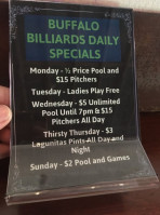 Buffalo Billiards Pool Hall menu