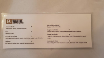 Warike. Peruvian Bistro menu